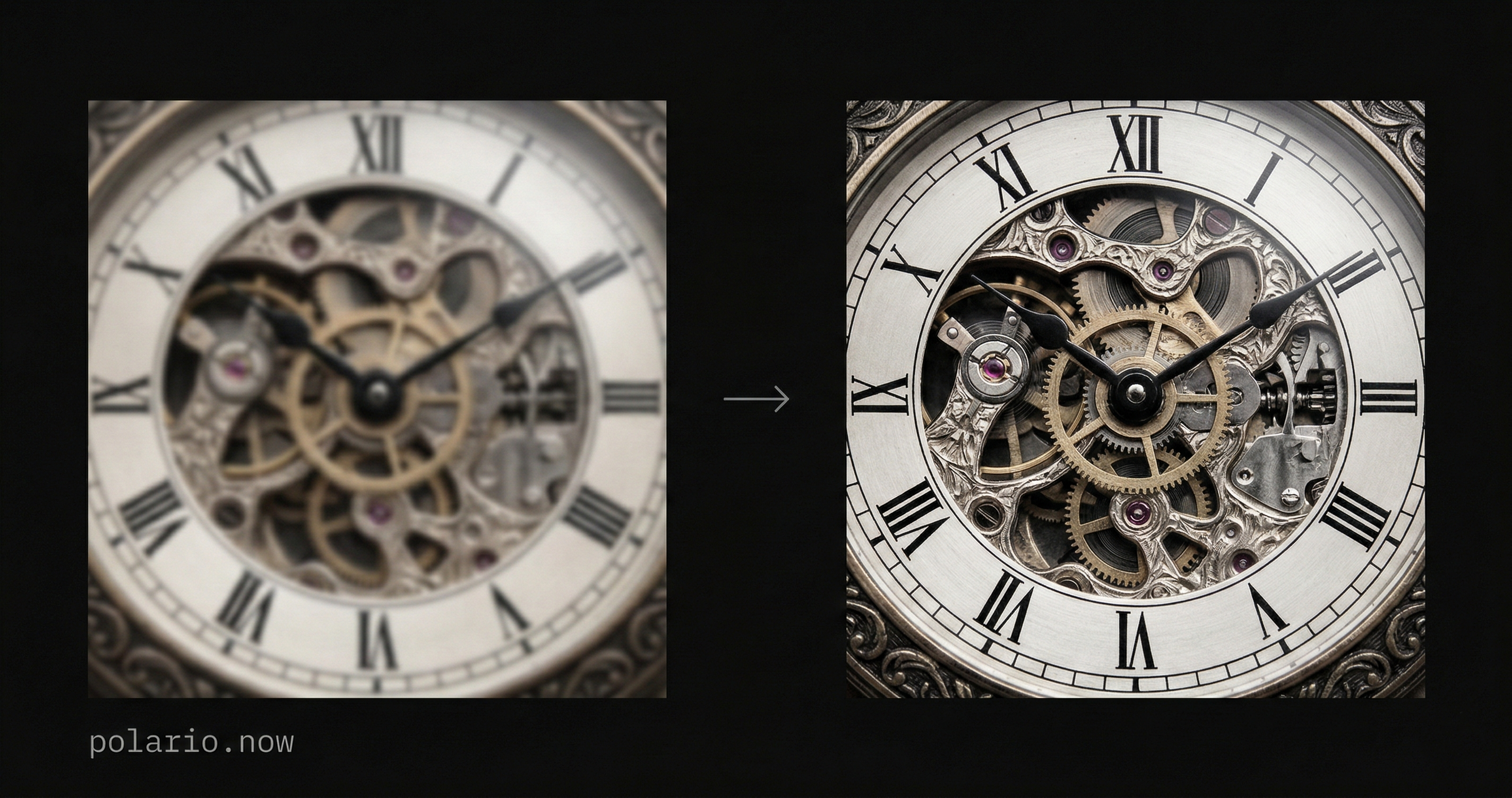 Blurry photo of a clock face enhanced to sharp, high-resolution detail using Polario